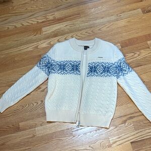 Geiger Cream Cardigan with Blue Pattern, Sz 44 (US 10/L)